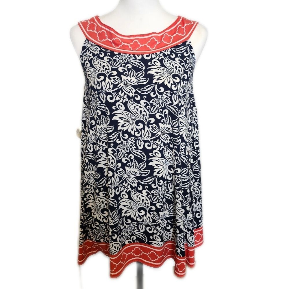Max Studio NWT Navy Blue, Orange/Red, White Scroll Pattern, Sleeveless Blouse XS